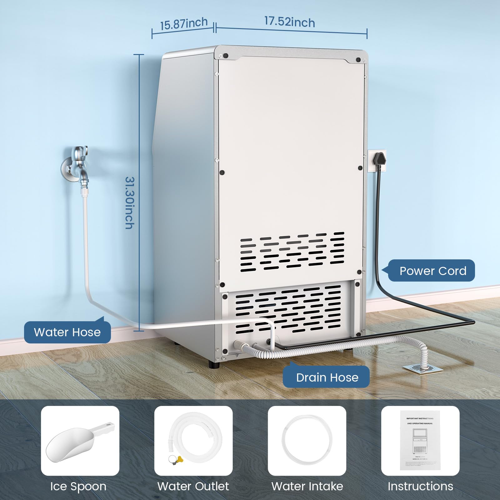 COWSAR 100 lbs/24H Commercial Ice Maker Machine - 45 Ice Cubes per Cycle, Self-Cleaning Stainless Steel Under Counter Ice Machine with 48-Hour Timer for Bars, Cafes, Restaurants & Home Use - Perfect for Cocktails, Beverages & Food Preservation