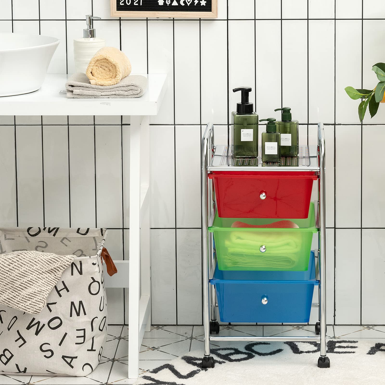 GOFLAME 3-Drawer Rolling Storage Cart with Mesh Top, Handle & Lockable Wheels - Mobile Organizer for Home, Office, Kitchen, Bathroom & Dorm Room - Perfect for Office Supplies, Beauty Products & Craft Storage