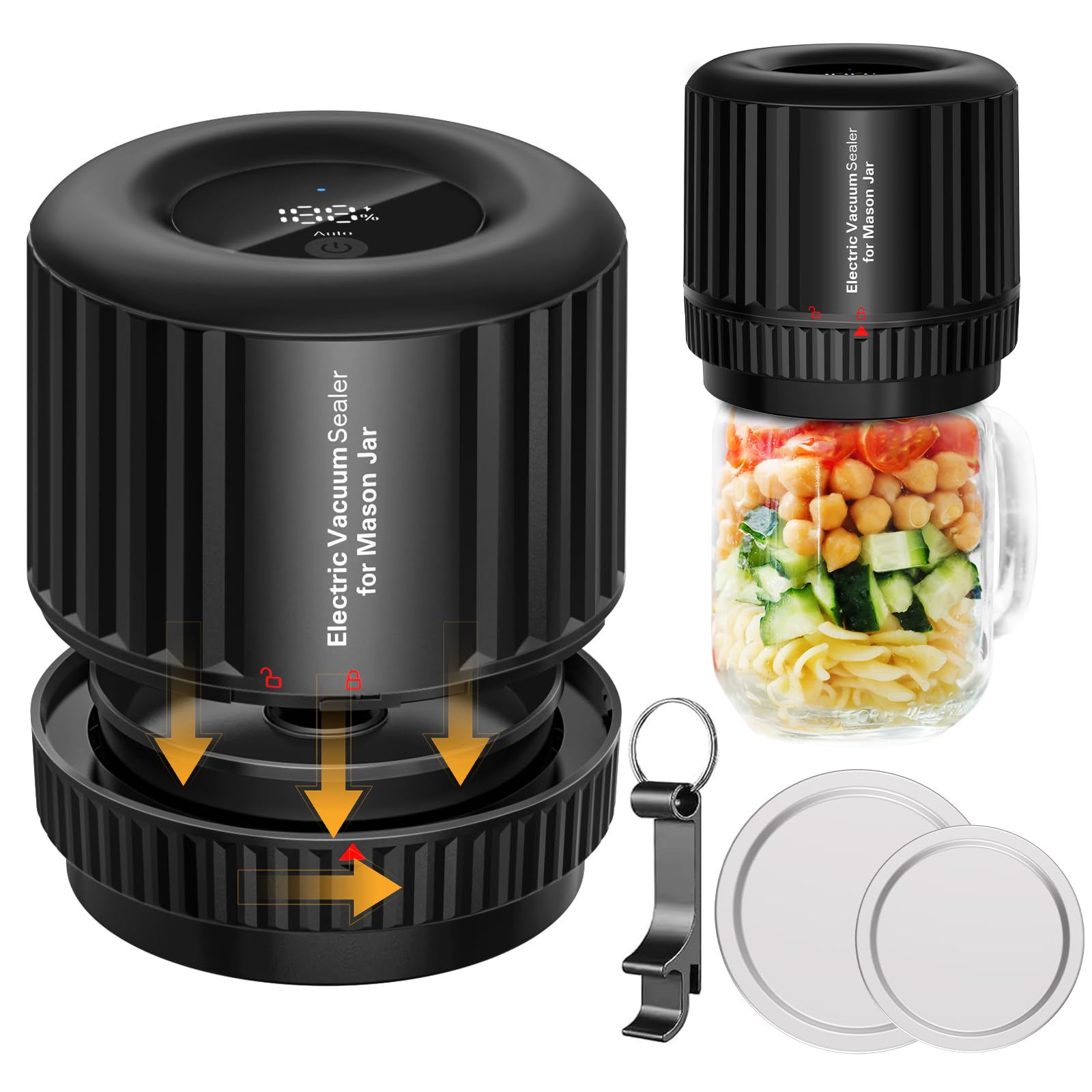 Electric Mason Jar Vacuum Sealer Kit - Cordless Handheld Food Saver for Wide & Regular Mouth Jars | Preserve Freshness for Kitchen, Camping & Meal Prep | Black
