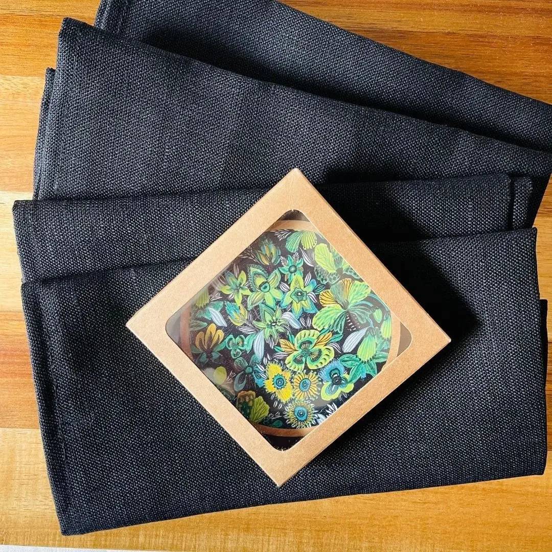 Premium Australian Wooden Coaster & Napkin Set with Rainforest Flowers Design - Perfect for Dining Table, Coffee Table, and Home Decor