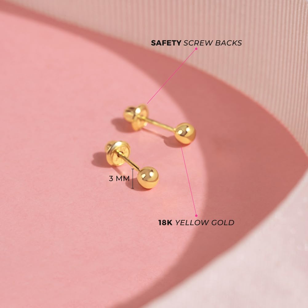 18k Yellow Gold Classic Ball Safety Screw Back Stud Earrings for Babies & Toddlers (3mm-5mm) - Hypoallergenic Baby Girl Earrings for First Piercing, Christening Gifts & Special Occasions