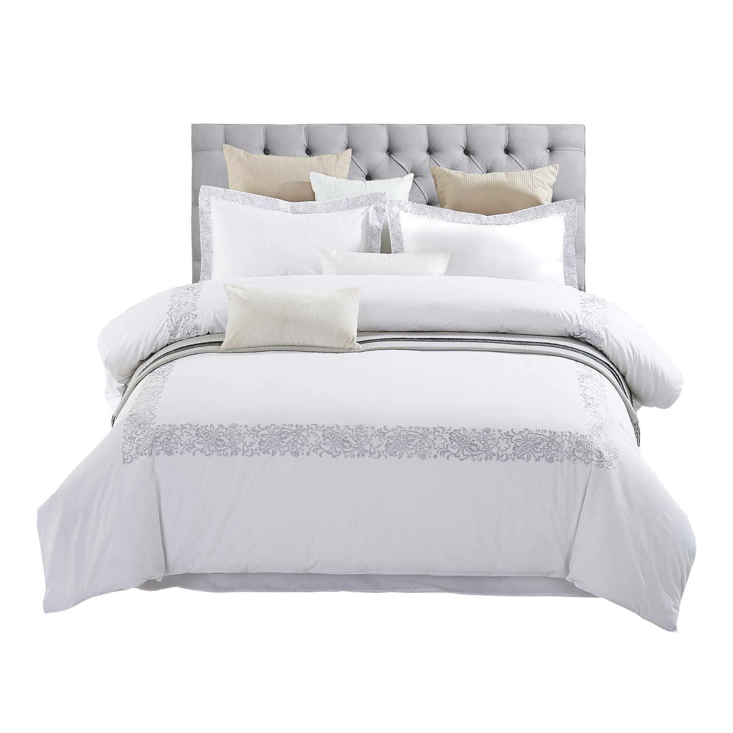 Premium Embroidered Cotton Duvet Cover Set - Soft Luxury Bedding with Button Closure - 1 Duvet Cover + 2 Pillow Shams - Moonlawn Collection - Elegant White Full/Queen Size - Perfect for Master Bedroom, Guest Room & Hotel Style Decor