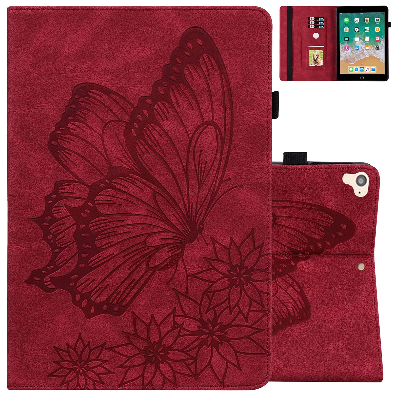 Dteck Premium Leather Flip Stand Case for iPad 9.7 Inch - Compatible with iPad 6th/5th Gen (A1893/A1822), iPad Air 2 (A1566), iPad Air 1st Gen - Auto Sleep/Wake Function, Butterfly Red - Perfect for Work, Study & Travel Protection