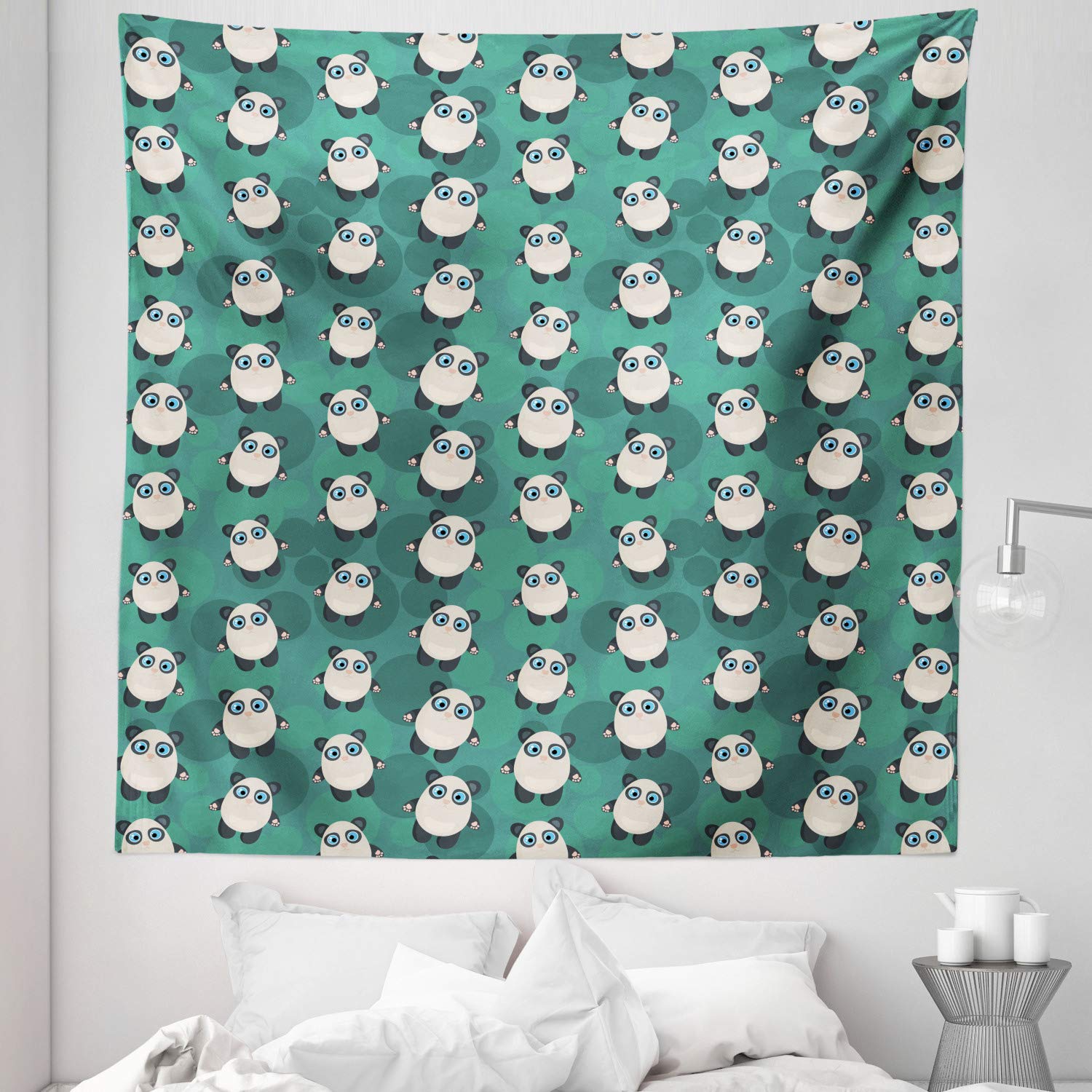 Ambesonne Funny Panda Tapestry - Queen Size Wall Hanging with Geometric Bubbles Design, Dark Teal Ivory Grey Bedspread & Wall Decor (88x88 Inches) - Perfect for Bedroom Aesthetic, Dorm Room Decor or Gift Idea