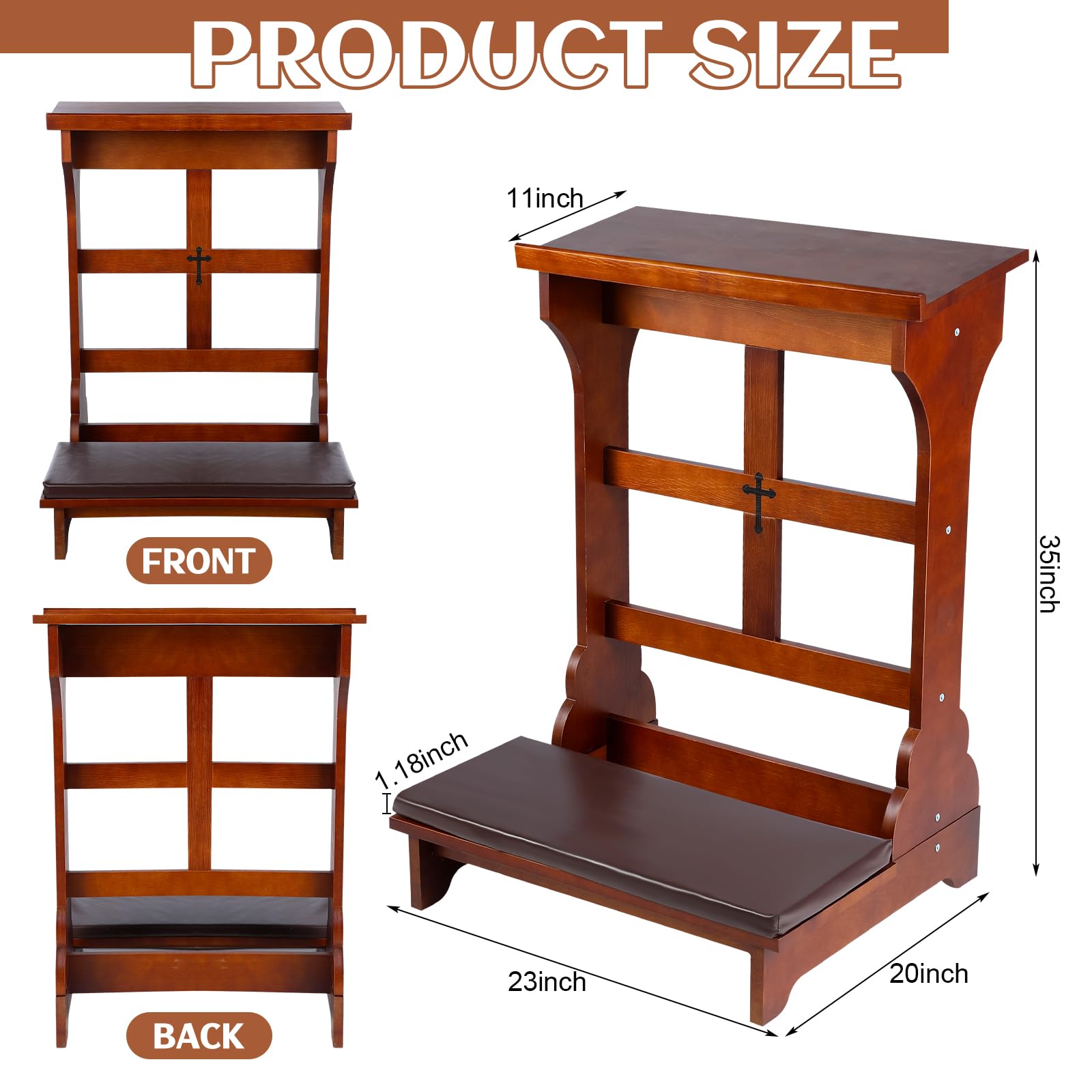 Solid Wood Prayer Bench with Shelf & Cushion - 23x20x32 Inch Church Kneeling Stool for Home Worship - Religious Gift with Padded Kneeler - Perfect for Prayer Rooms, Meditation & Church Use (Simple Style)