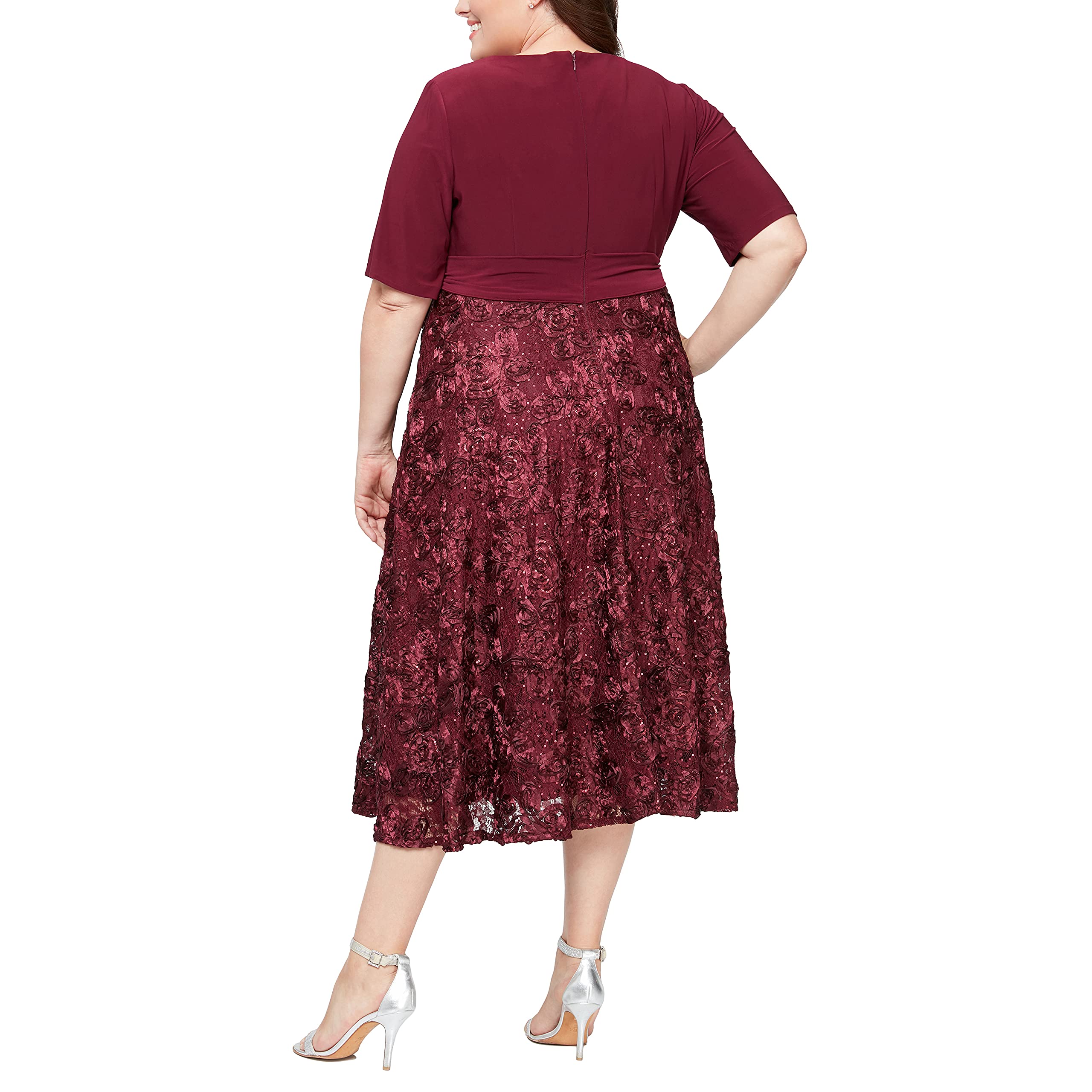 Alex Evenings Women's Plus Size Tea Length Dress with Rosette Detail - Elegant Formal Dress for Weddings, Parties & Special Occasions