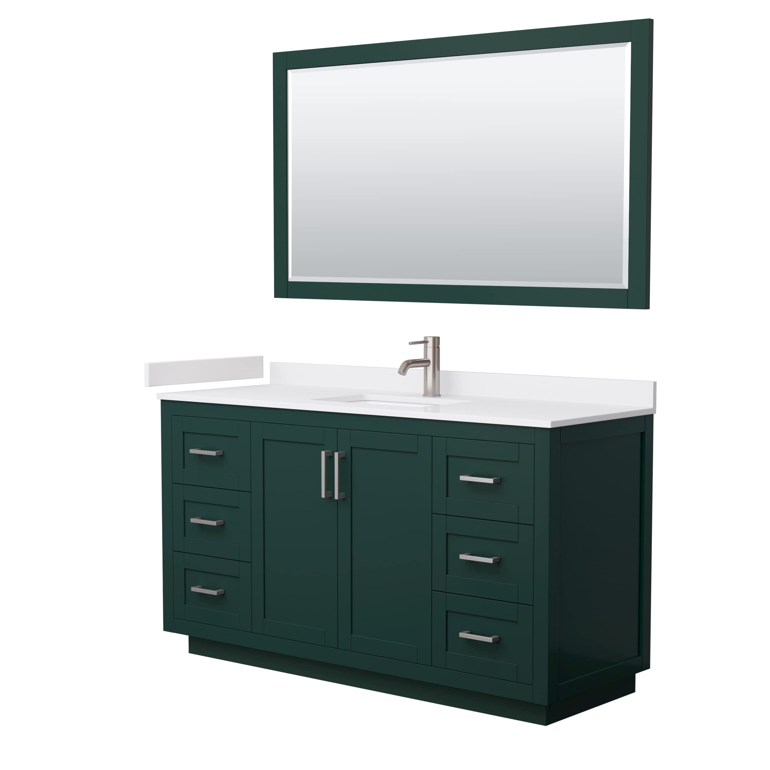 Wyndham Collection Miranda 60 Inch Green Bathroom Vanity with White Cultured Marble Countertop & Undermount Square Sink - Brushed Nickel Trim & 58 Inch Mirror - Perfect for Modern Bathroom Renovations & Small Space Solutions