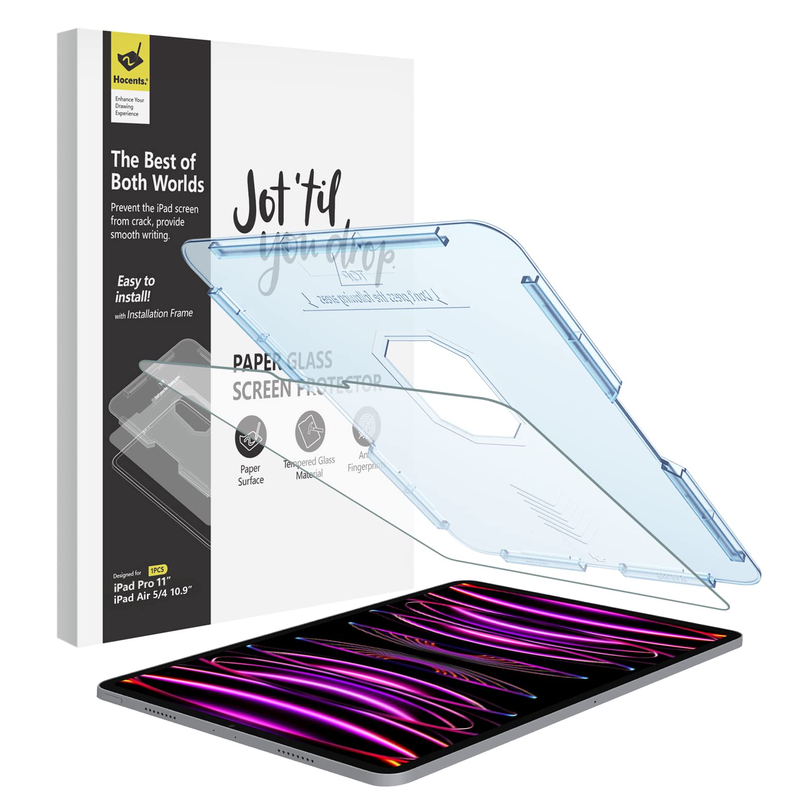 Hocents Paperfeel Glass Screen Protector for iPad Pro 11 inch (2018-2022) & iPad Air 4th/5th Gen (10.9 Inch) - Anti-Glare Matte Finish with EZ Installation Kit & Auto-Alignment Tool - Perfect for Drawing, Note-Taking & Digital Art