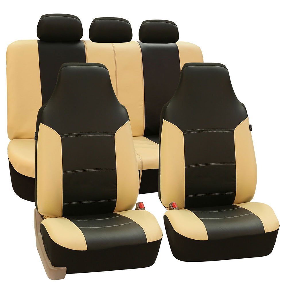 Premium FH Group Full Set PU Leather Car Seat Covers - Universal Fit for Most Vehicles, 1-Piece Front Seat Covers with Airbag Compatibility, Split Bench Rear Seat Cover for SUV/Truck (Beige & Black) - Perfect for Road Trips, Daily Commutes & Protecting Your Car Interior