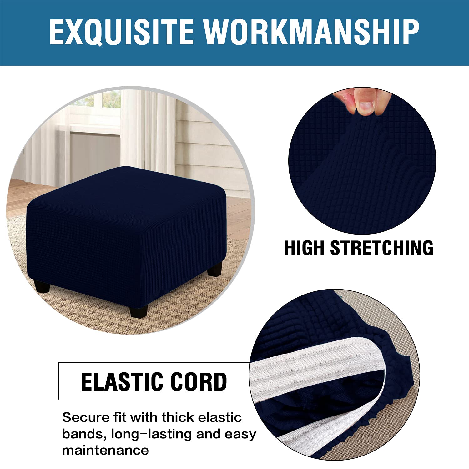 XMNTG Jacquard Stretch Ottoman Slipcover - Washable Square Folding Storage Stool Cover with Elastic Bottom - Furniture Protector & Footrest (Navy Blue) - Perfect for Living Room, Bedroom & Home Decor