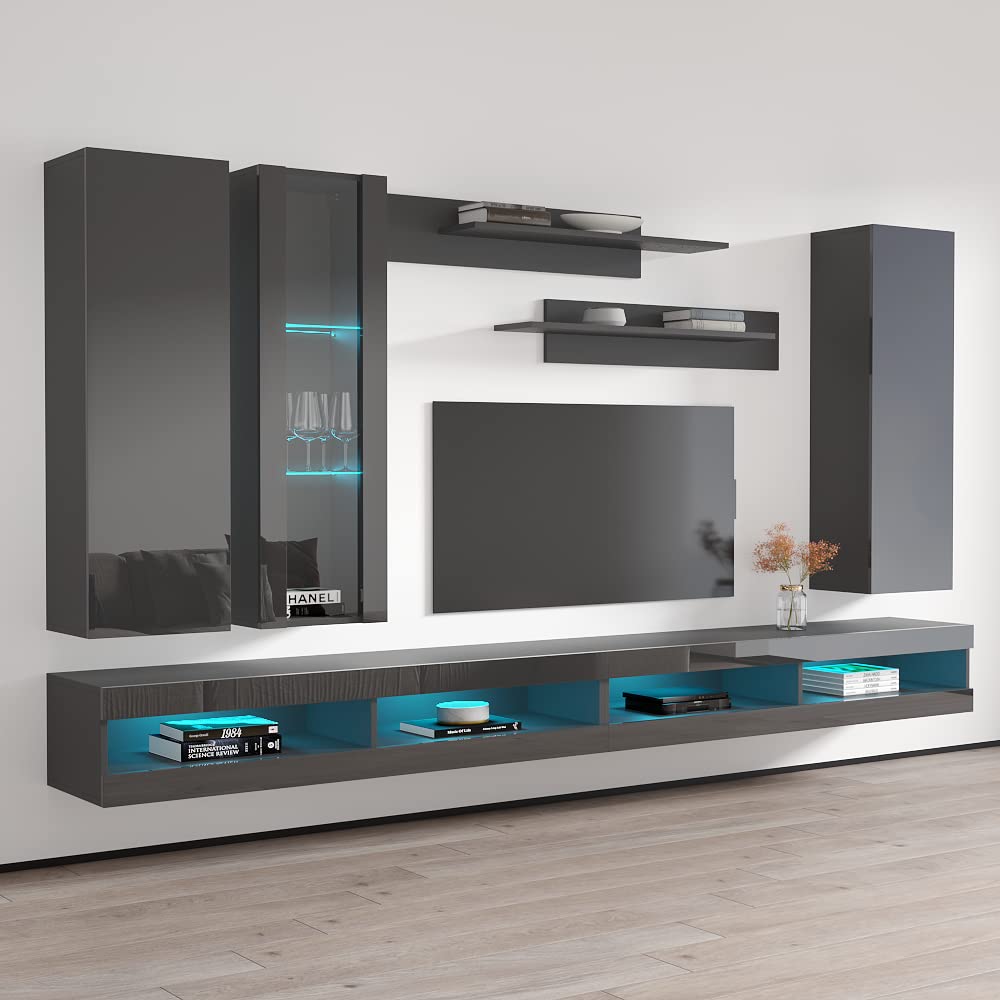 Modern Gray Wall-Mounted TV Stand with Storage & LED Lights - Meble Fly E34 Entertainment Center for Living Room & Bedroom - Space-Saving Console with Shelves (EF4) - Perfect for Small Spaces & Home Theater Setups