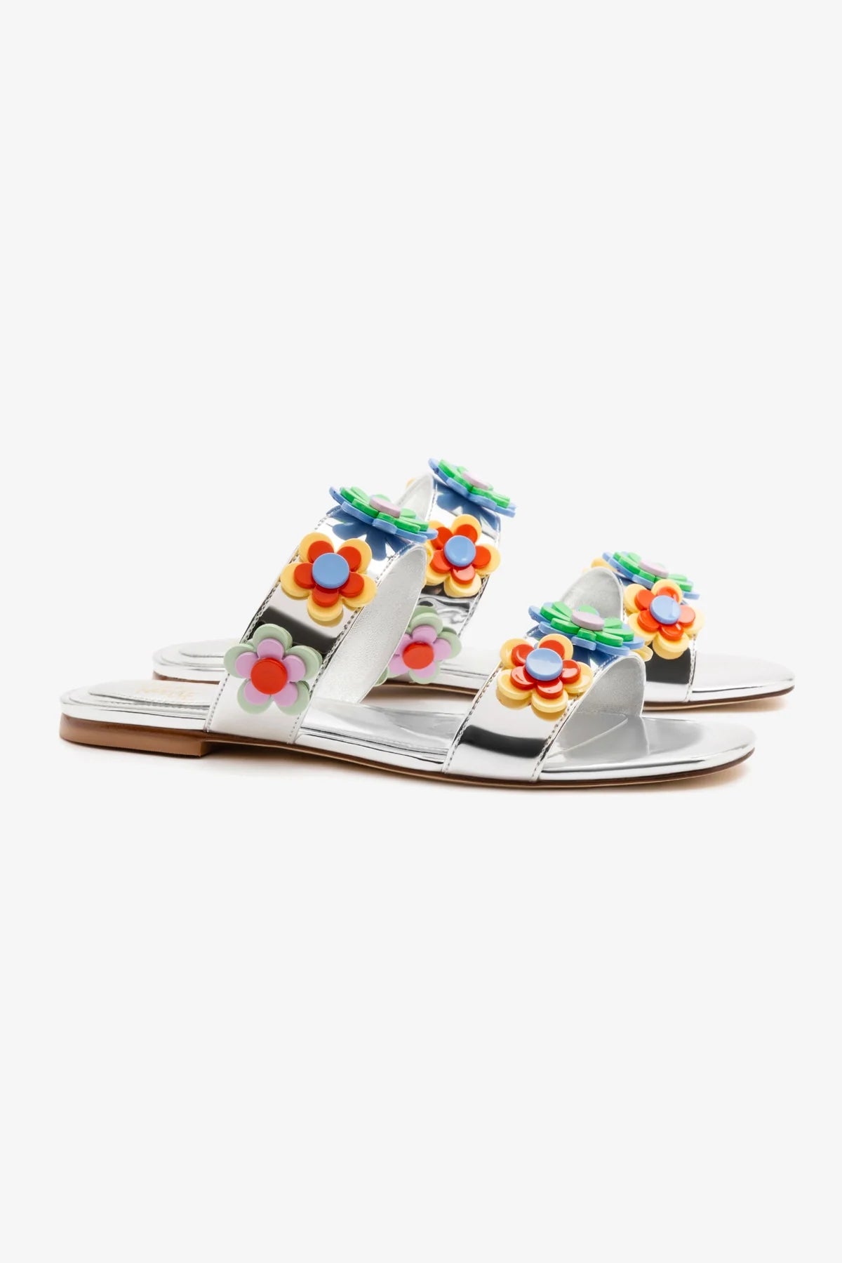 Larroudé x Gabriela Noelle Blossom Flat Sandals - Silver Specchio & Multicolor Acrylic Women's Summer Shoes | Perfect for Beach Vacations, Weddings & Casual Outings