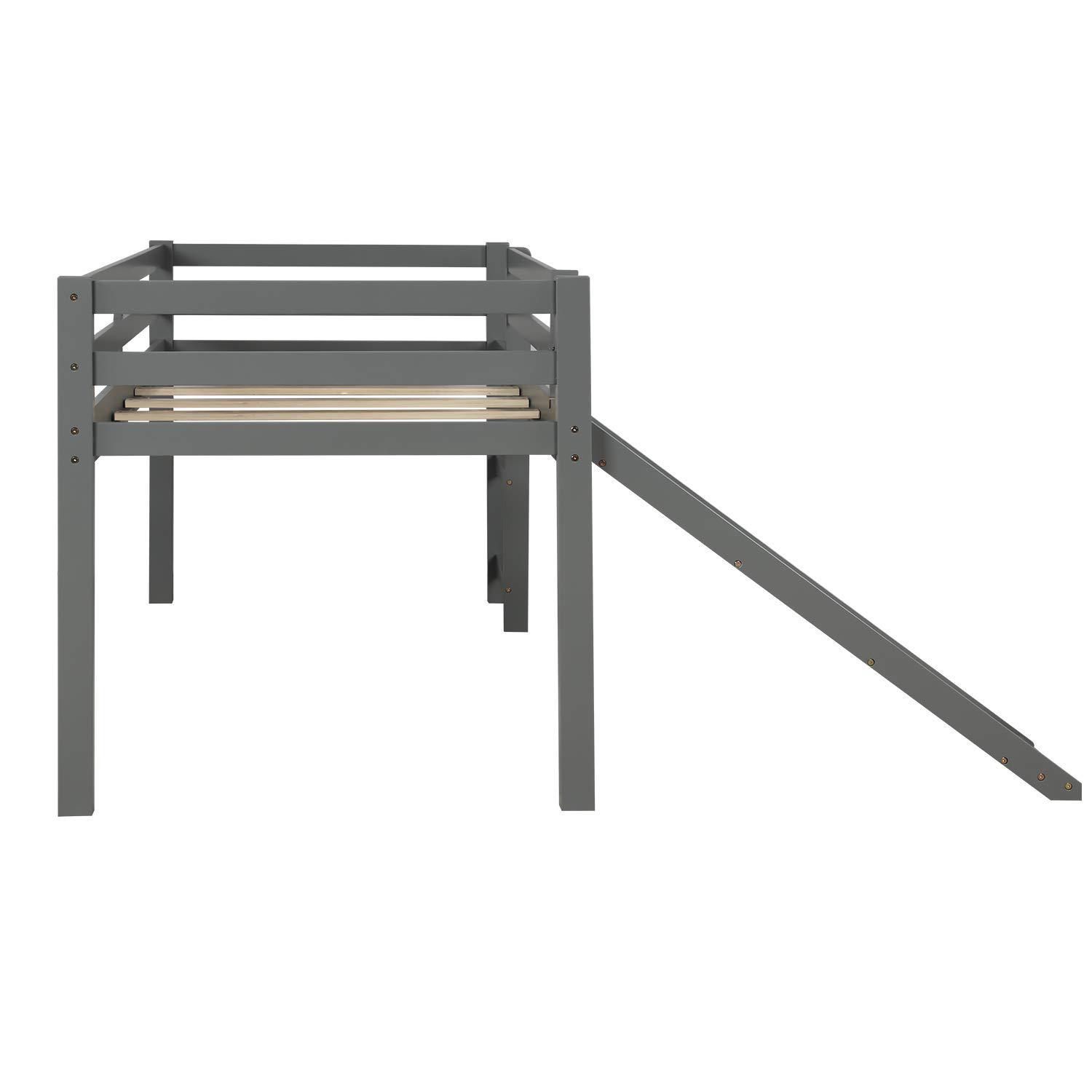 LZ LEISURE ZONE Twin Size Wooden Loft Bed with Slide for Kids & Toddlers - Sturdy Low Profile Design, No Box Spring Needed (Grey) - Perfect for Small Bedrooms, Playrooms & Sleepovers