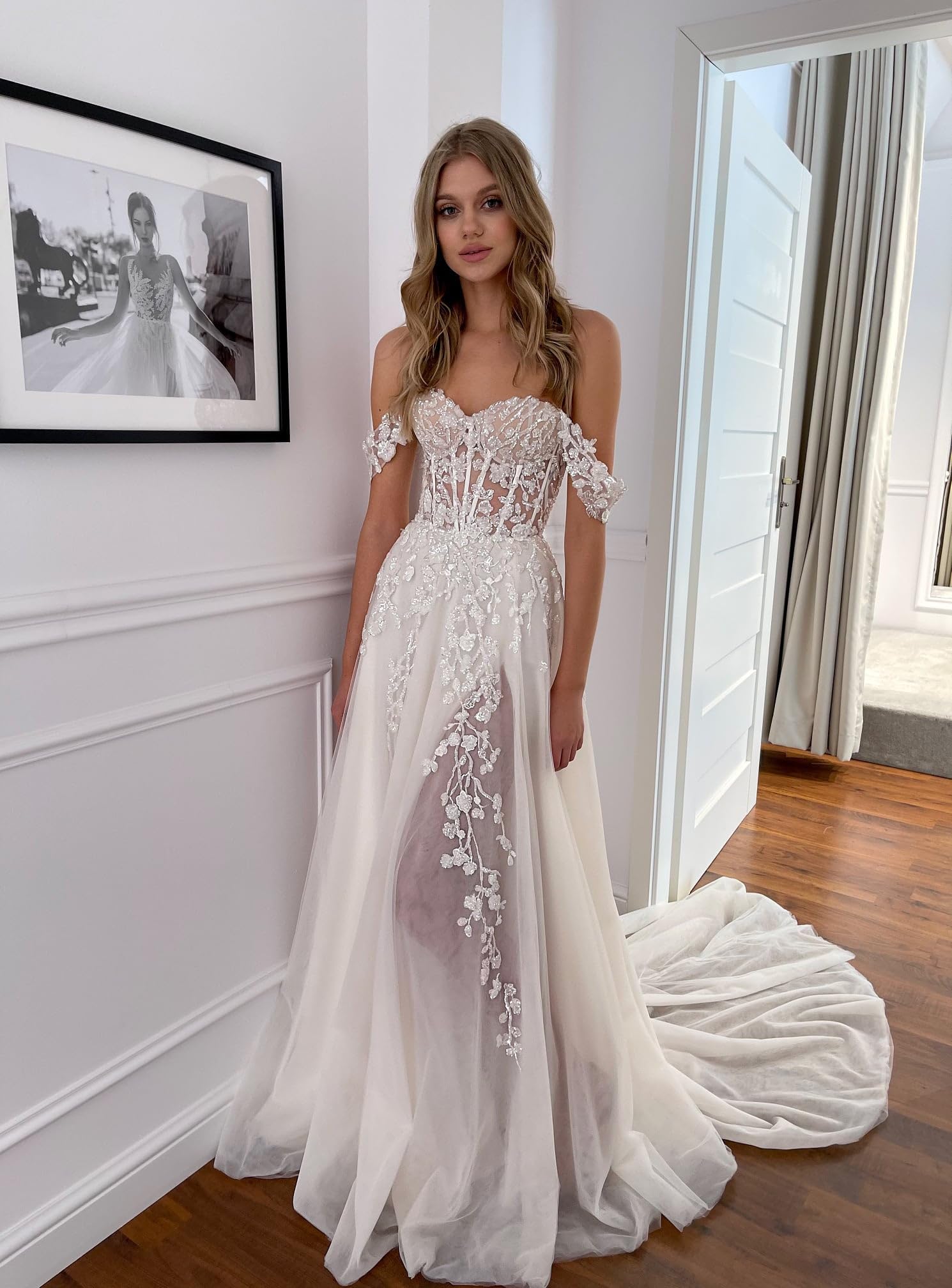 XYAYE Women's Off Shoulder Boho Lace Wedding Dress - Summer Beach Bridal Gown with Tulle & Thigh Slit for Outdoor Ceremonies & Destination Weddings