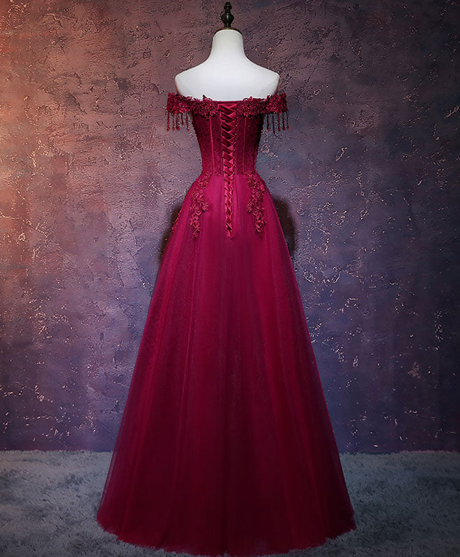 Elegant Burgundy Tulle Lace Off-Shoulder Long Prom Dress for Women - Formal Evening Gown for Homecoming, Wedding, and Special Occasions