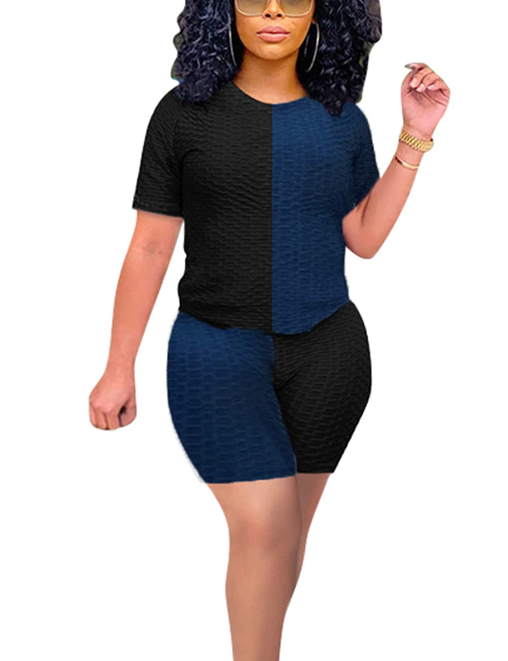 KANSOON Women's 2-Piece Workout Set - Color Block Short Sleeve Top & Biker Shorts Tracksuit | Gym, Yoga & Running Outfit