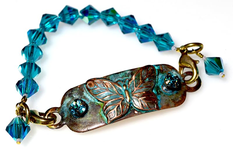Elaine Coyne Verdigris Patina Butterfly Rockband Bracelet - Turquoise Swarovski Crystal & Foiled Glass Bead Bracelet for Women | Boho Chic Jewelry Gift for Birthday, Anniversary & Special Occasions