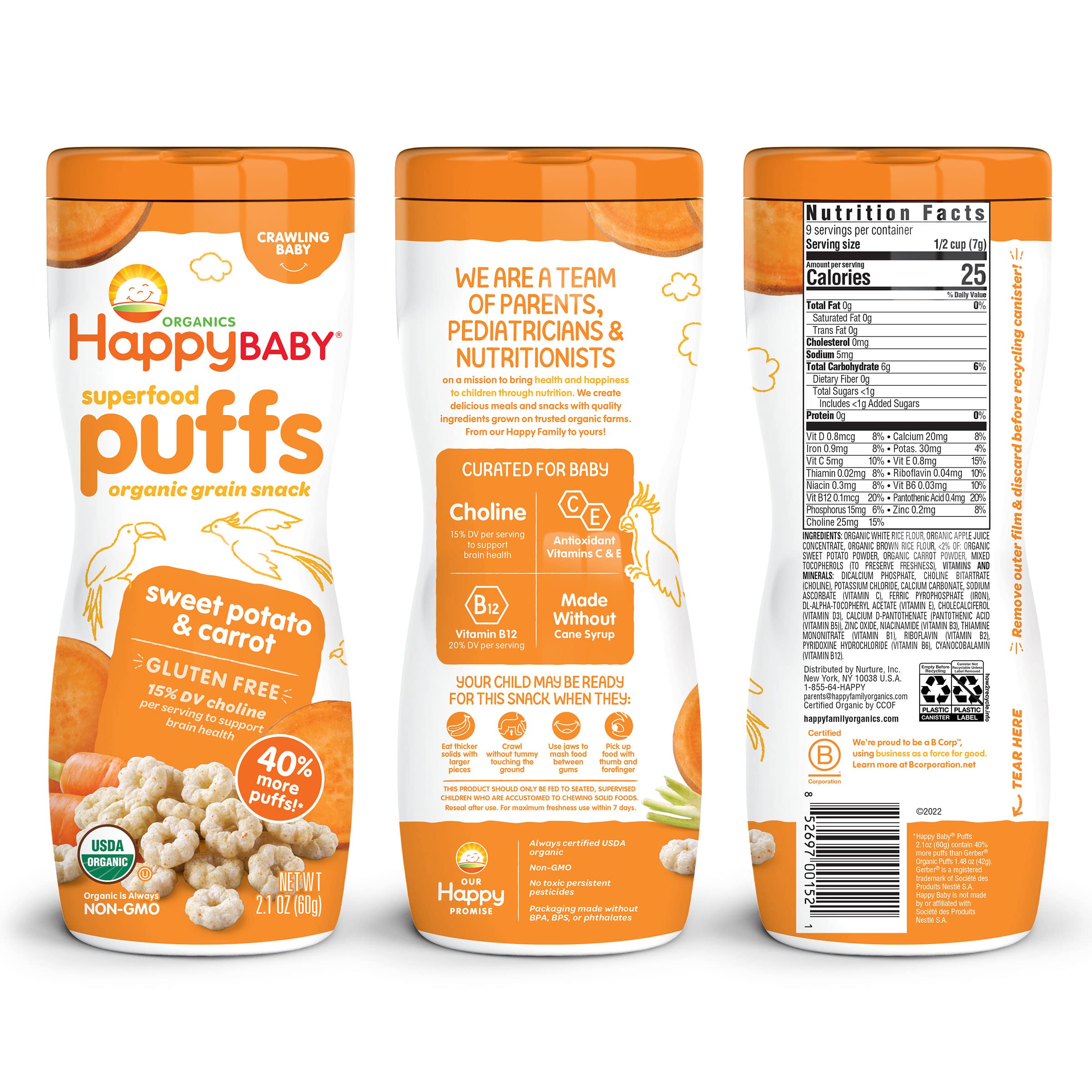 Happy Baby Organic Superfood Puffs - Sweet Potato & Carrot Flavor, 2.1oz Canister | Healthy Crunchy Snack for Babies & Toddlers | Supports Brain & Eye Development with Choline | Perfect for On-the-Go, Daycare & Travel Snacking