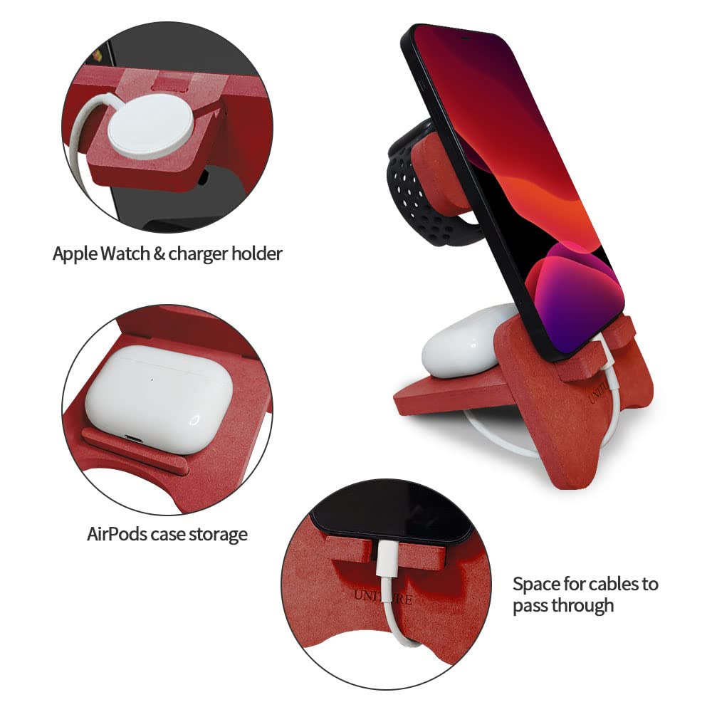 Premium MDF Wooden Phone Stand for Desk - Orange Cell Phone Holder Compatible with iPhone, Apple Watch & AirPods - Stylish Office & Home Desktop Accessory for Men & Women - Perfect for Work, Study & Charging Organization