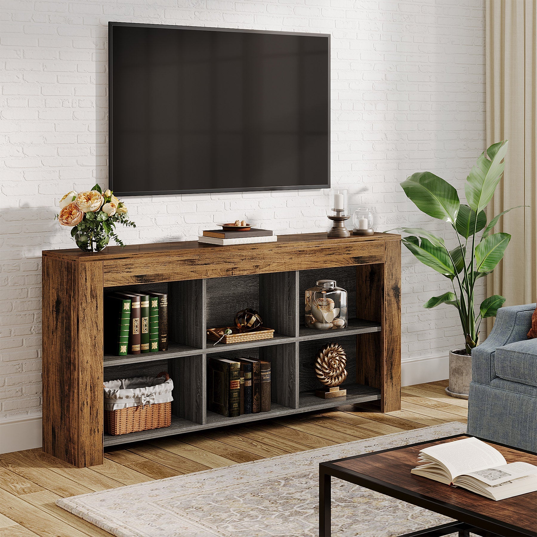 Rustic Wood Sofa Table with 6 Storage Cubes - Entryway Console Table for Living Room, Hallway & Home Decor