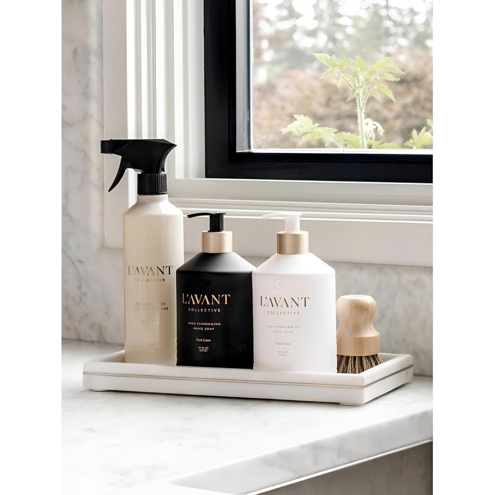 L'AVANT Collective Luxury Sink-Side Starter Bundle - Lucite Vanity Tray, Hand & Dish Soap, Hand Lotion in Reusable Glass Bottles & Bamboo Dish Scrubber | Elegant Kitchen & Bathroom Essentials | Perfect Hostess Gift Set (Fresh Linen Scent) for Home Spa, Bridal Shower & Housewarming Parties