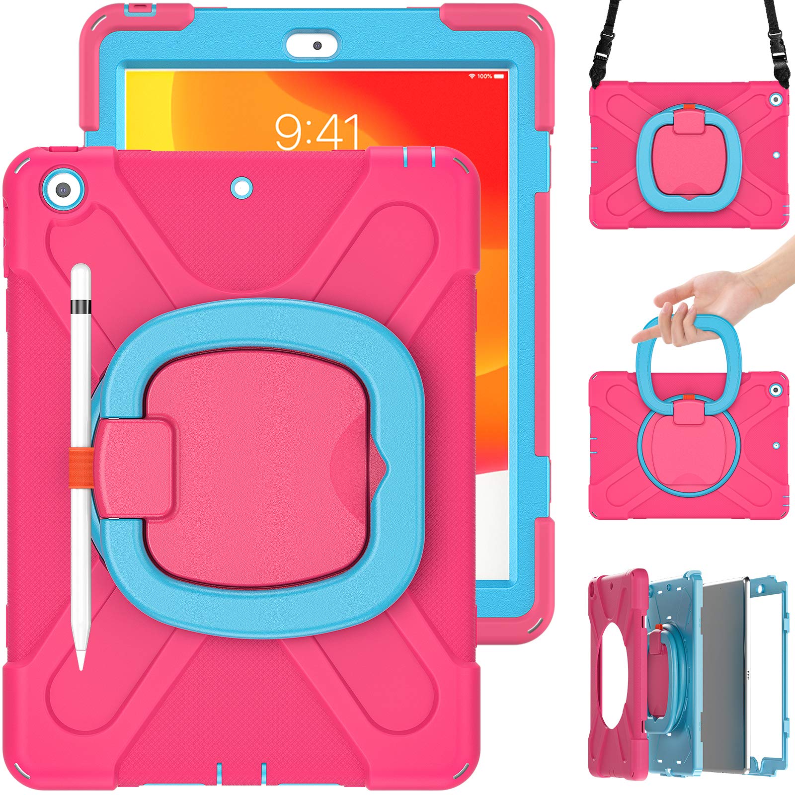 Heavy Duty Shockproof iPad Case with Pencil Holder & Shoulder Strap - Compatible with iPad 9th/8th/7th Gen 10.2 Inch (2021/2020/2019 Models) - Ring Shield Series in Pink & Light Blue - Perfect for School, Work & Travel Protection