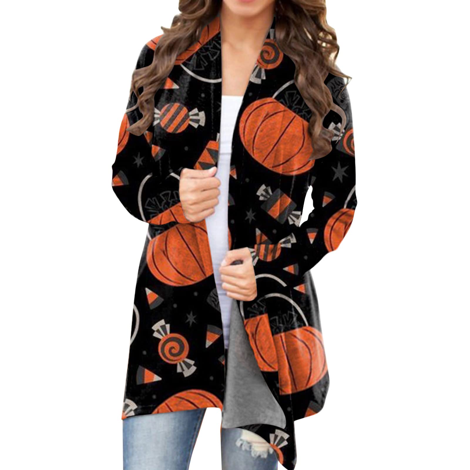 Women's Halloween Cat & Pumpkin Print Long Sleeve Cardigan - Cozy Fall Blouse for Casual Wear, Costume Parties & Autumn Layering