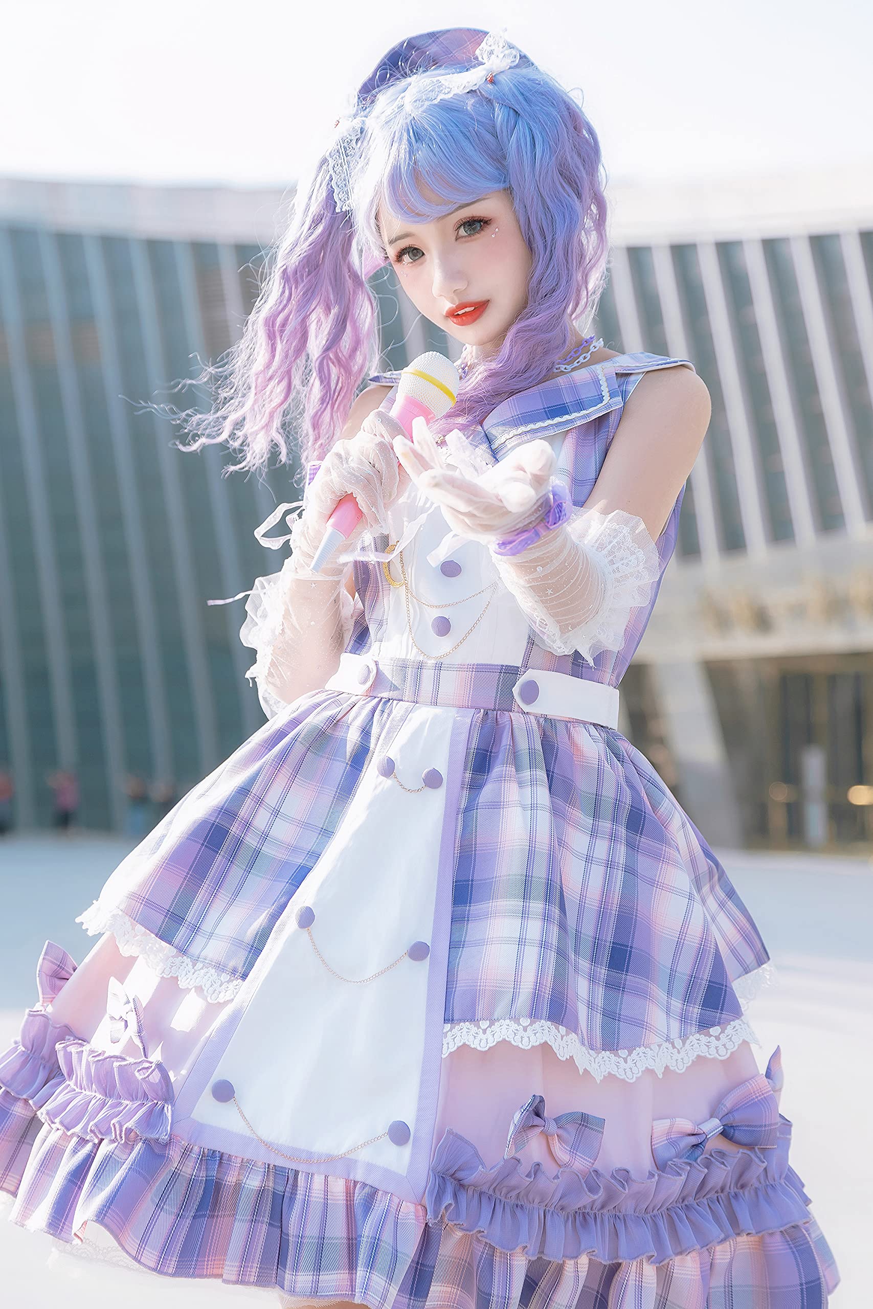Japanese Kawaii Sweet Lolita Dress - Purple Anime Gingham Costume for Plus Size Women & Girls | Cute Summer Uniform for Cosplay, Halloween Parties & Anime Conventions