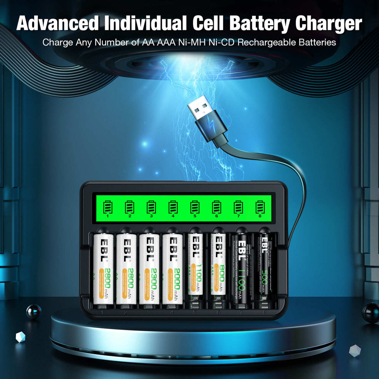 EBL 8 Bay LCD AA AAA Battery Charger with USB Built-in Cable - Fast Charging for Rechargeable Batteries, Universal Power Solution for Cameras, Toys, Flashlights & Electronics