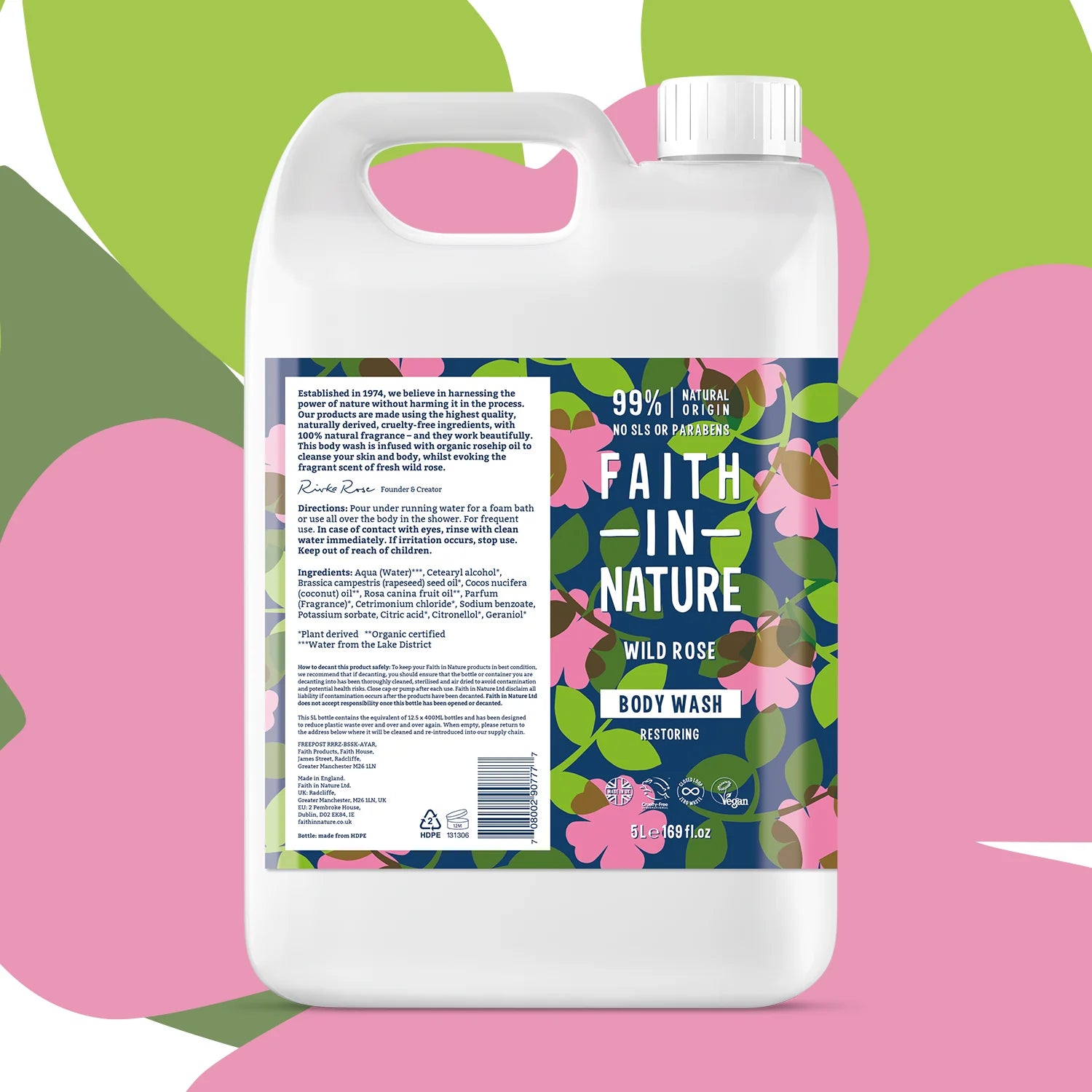 Faith In Nature Wild Rose Body Wash Refill - 5L Eco-Friendly & Vegan | Gentle Hydration for Dry Skin | Perfect for Home, Spa & Gym Use