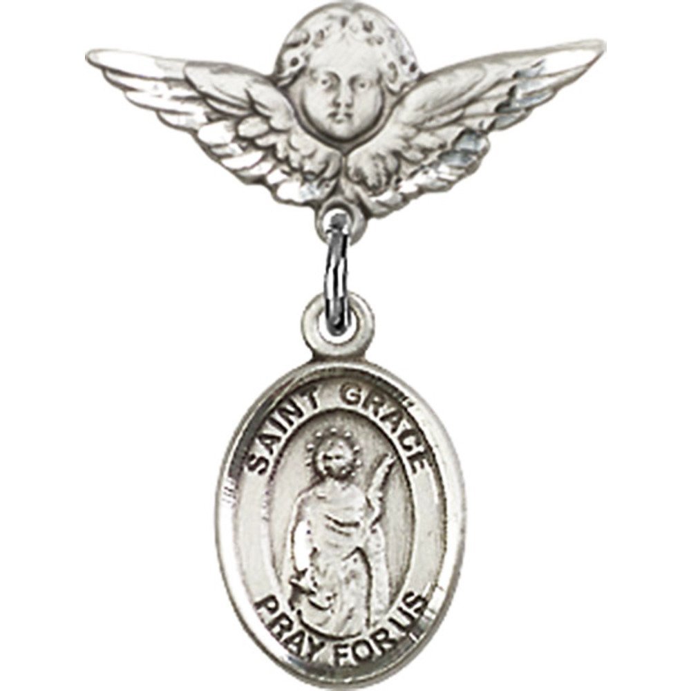 Sterling Silver Baby Badge with St. Grace Charm & Angel Wing Pin – 7/8
