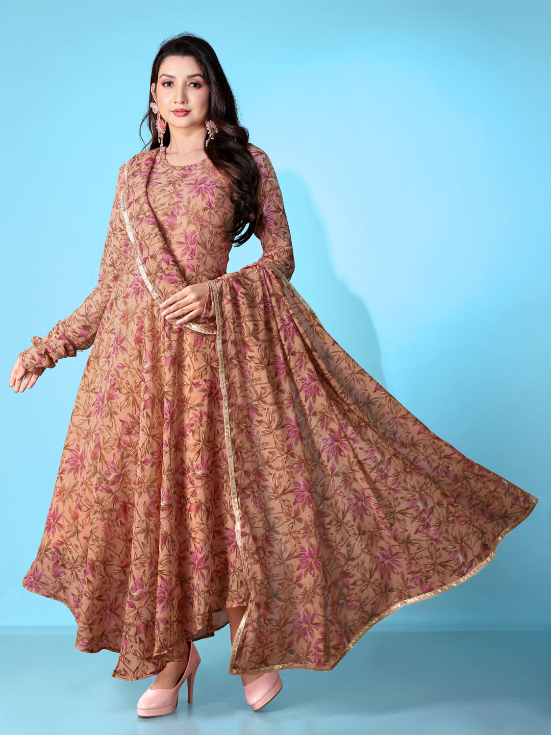 Elegant Brown Designer Ready-Made Gown with Printed Dupatta - Perfect for Weddings, Parties & Special Occasions