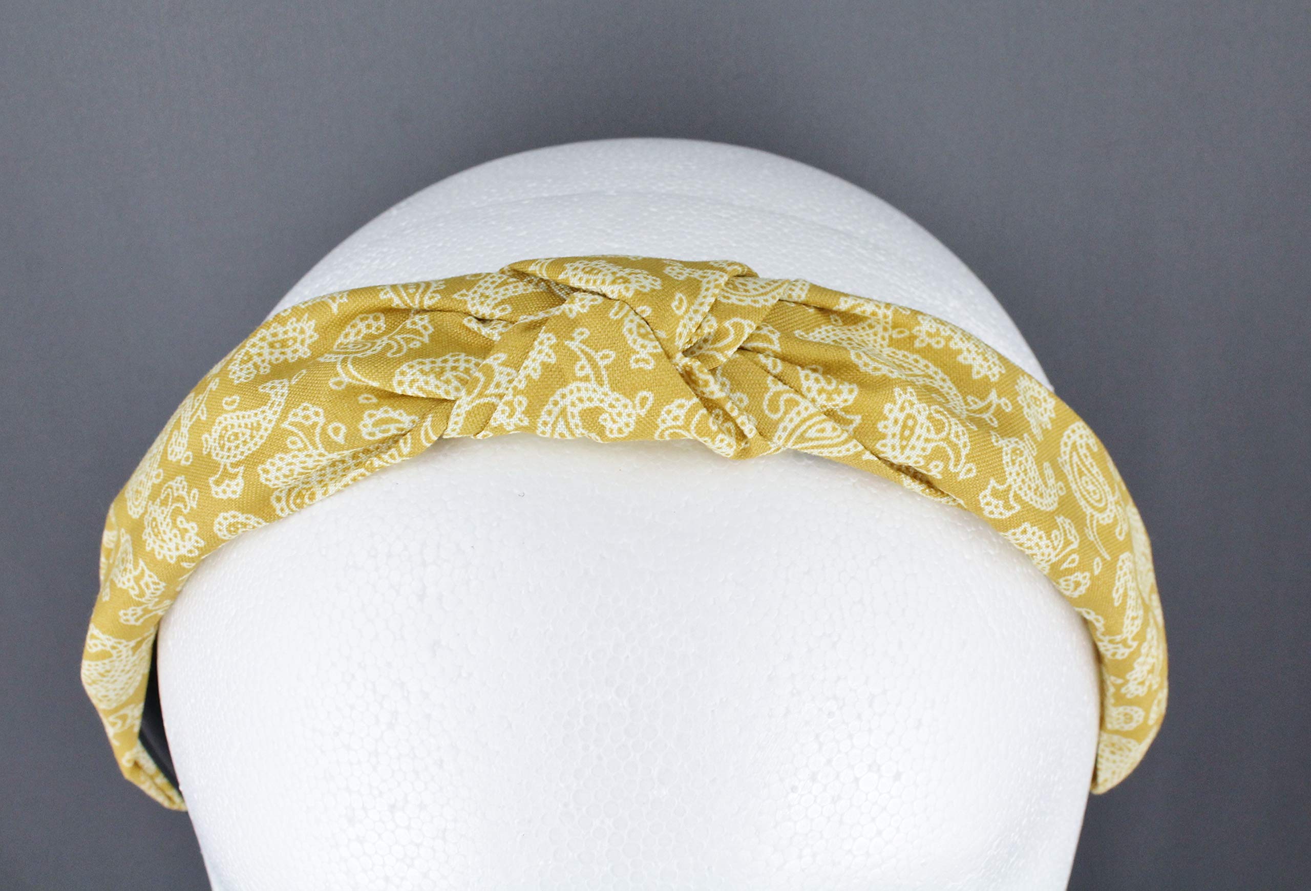 Yellow and White Turban Knot Headband - Paisley Fabric Covered Hair Band with Grip Teeth for Women | Yoga, Workout, and Fashion Accessory