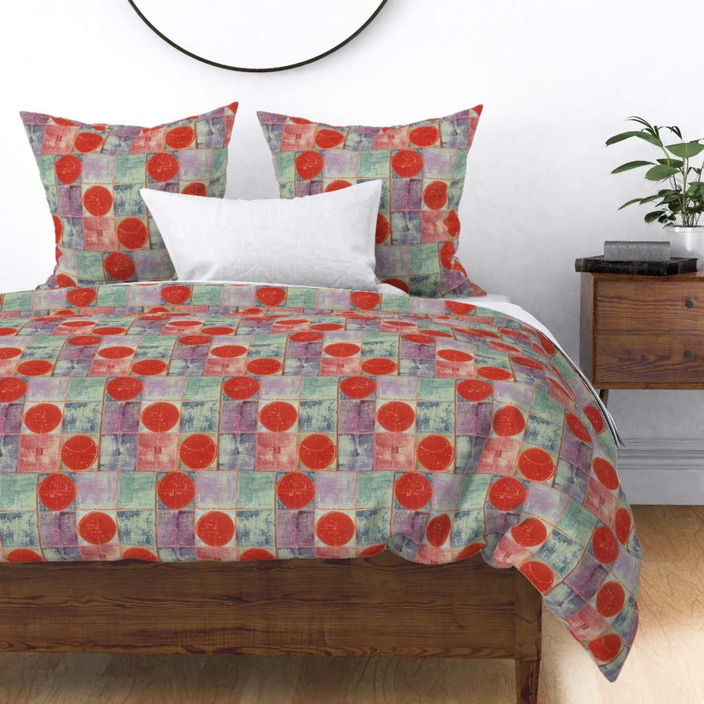 Custom Blue Geometric Rustic Circles Grunge Textured Background Squares Print Cotton Sateen Duvet Cover for King/California King Beds - Soft & Stylish Bedding for Modern & Bohemian Bedrooms