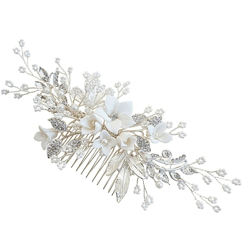 Elegant Silver Floral Wedding Hair Comb with Crystal & Pearls - Perfect for Brides, Prom, and Formal Occasions - A1940