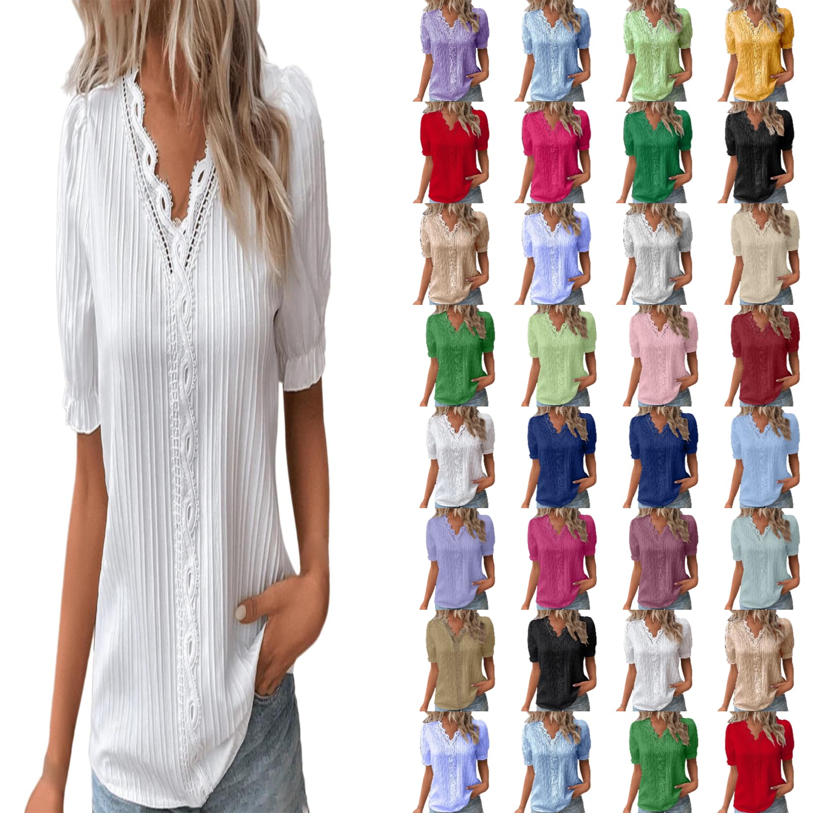 Women's Floral Print Lace V-Neck Short Sleeve Blouse - Trendy Puff Sleeve Summer Top 2024 - Casual Cute Shirt for Women (Large, White) | Perfect for Beach Outings, Date Nights & Summer Vacations