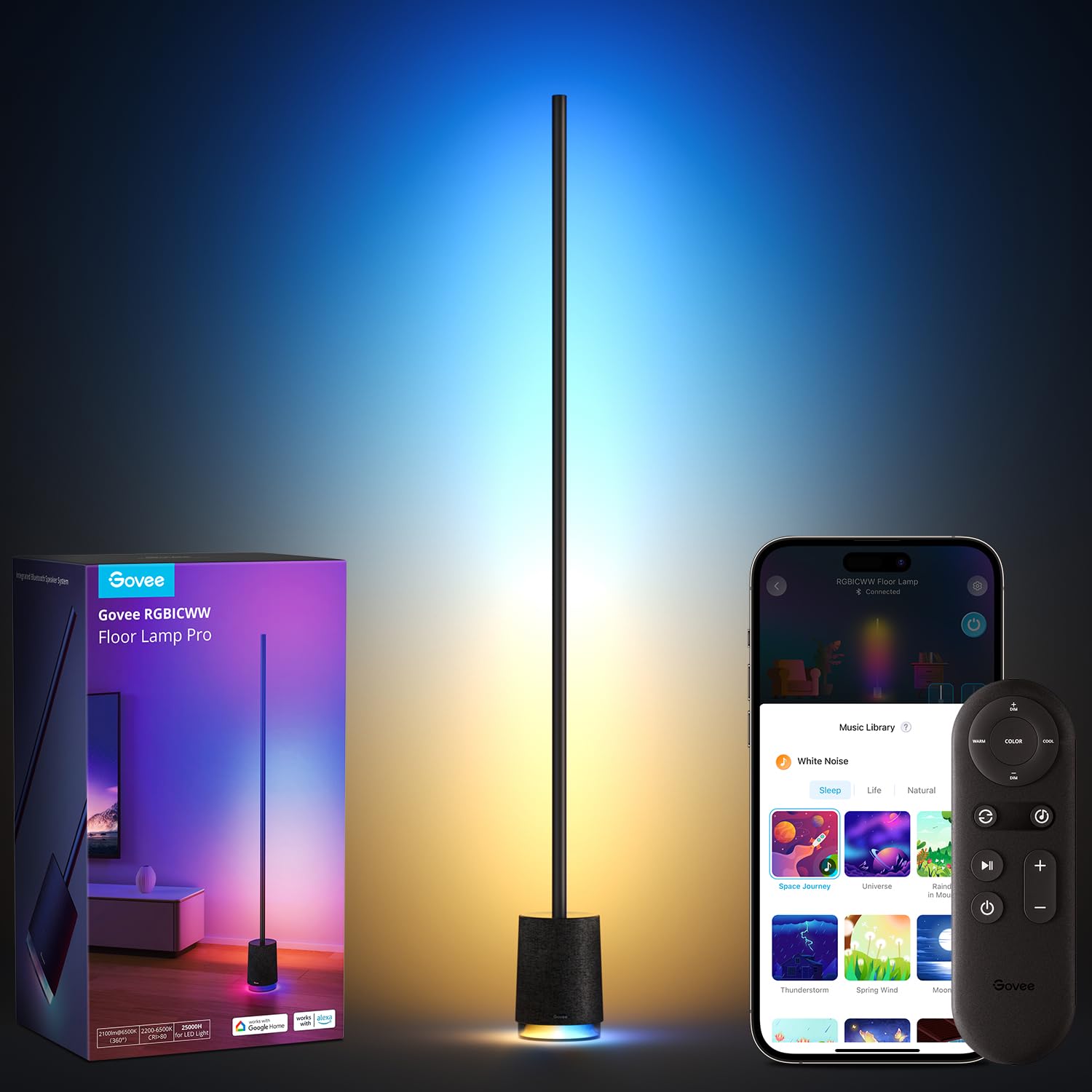 Govee RGBIC LED Floor Lamp Pro with Bluetooth Speaker & White Noise - 2100 Lumens Smart Standing Lamp, 16 Million Colors, Music Sync, Alexa Compatible - Perfect for Bedroom, Living Room, Gaming Setup & Home Theater (Black)
