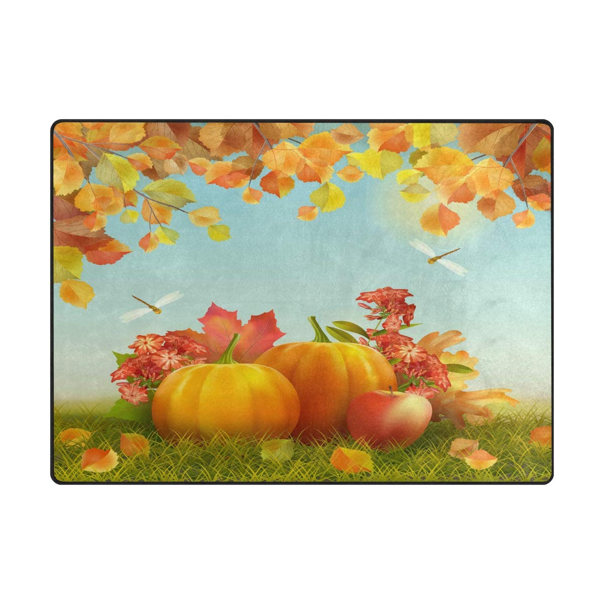 ALAZA Autumn Harvest Thanksgiving Pumpkin Maple Leaves Area Rug 7' x 5' - Non-Slip Living Room & Bedroom Carpet for Fall Decor, Seasonal Home Accent