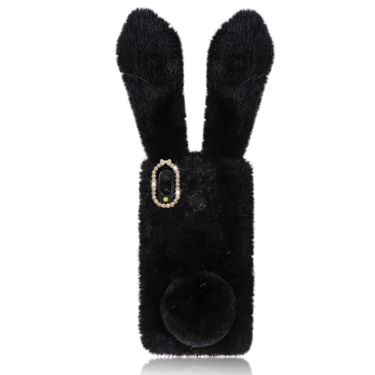 Fluffy Bunny Ear Phone Case for Samsung A20 A30 - Soft Rabbit Fur Phone Cover with Sparkly Diamonds, Cute Furry Protective Case for Girls & Boys - Perfect Gift for Friends (Black) - Ideal for Winter Warmth & Stylish Phone Protection