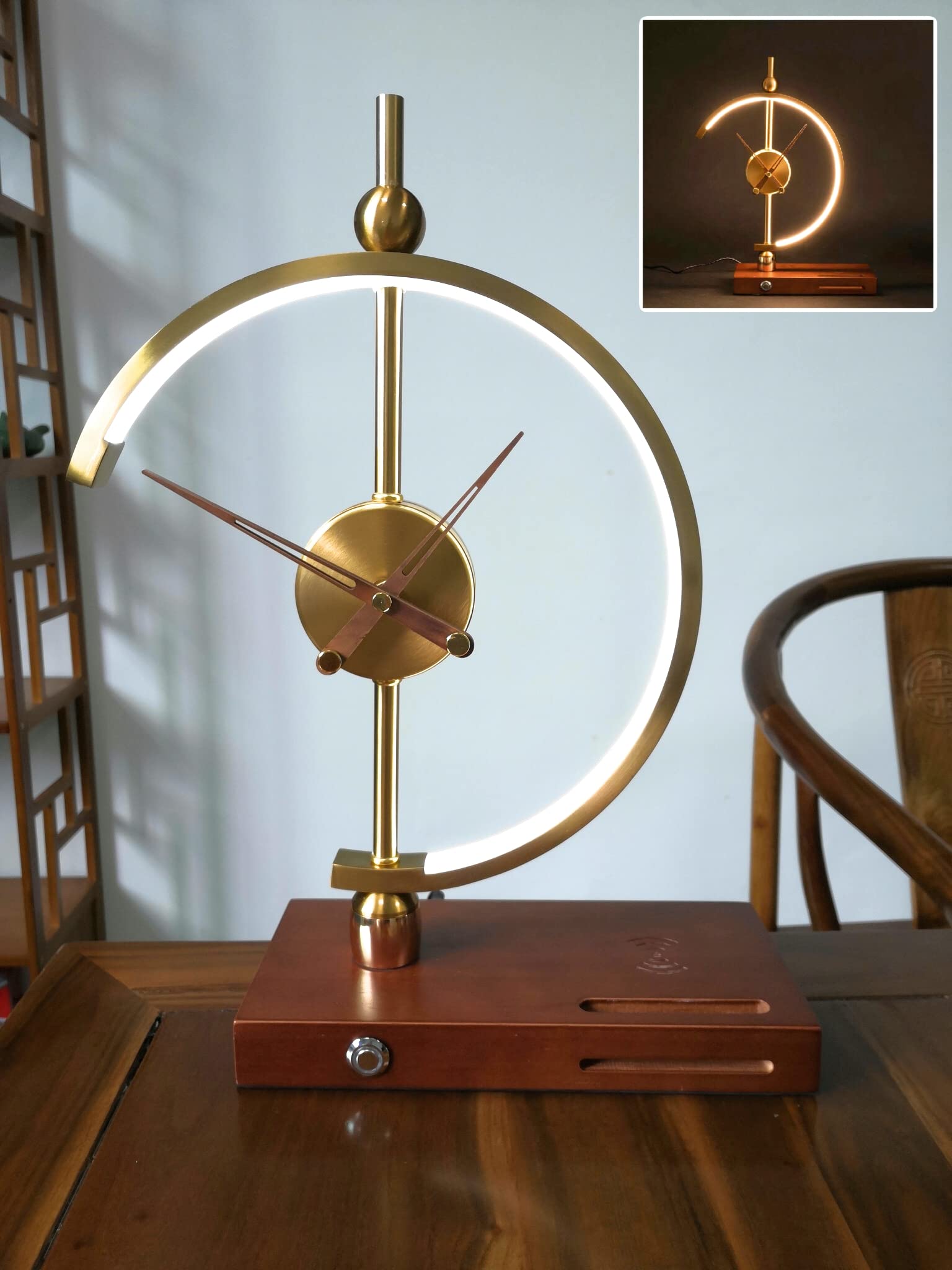 Flavio Russo Golden Time Decorative LED Desk Lamp with 12-Hour Clock, Qi Wireless Charger & USB Port - Perfect for Home Office, Bedroom Nightstand, and Gift Giving