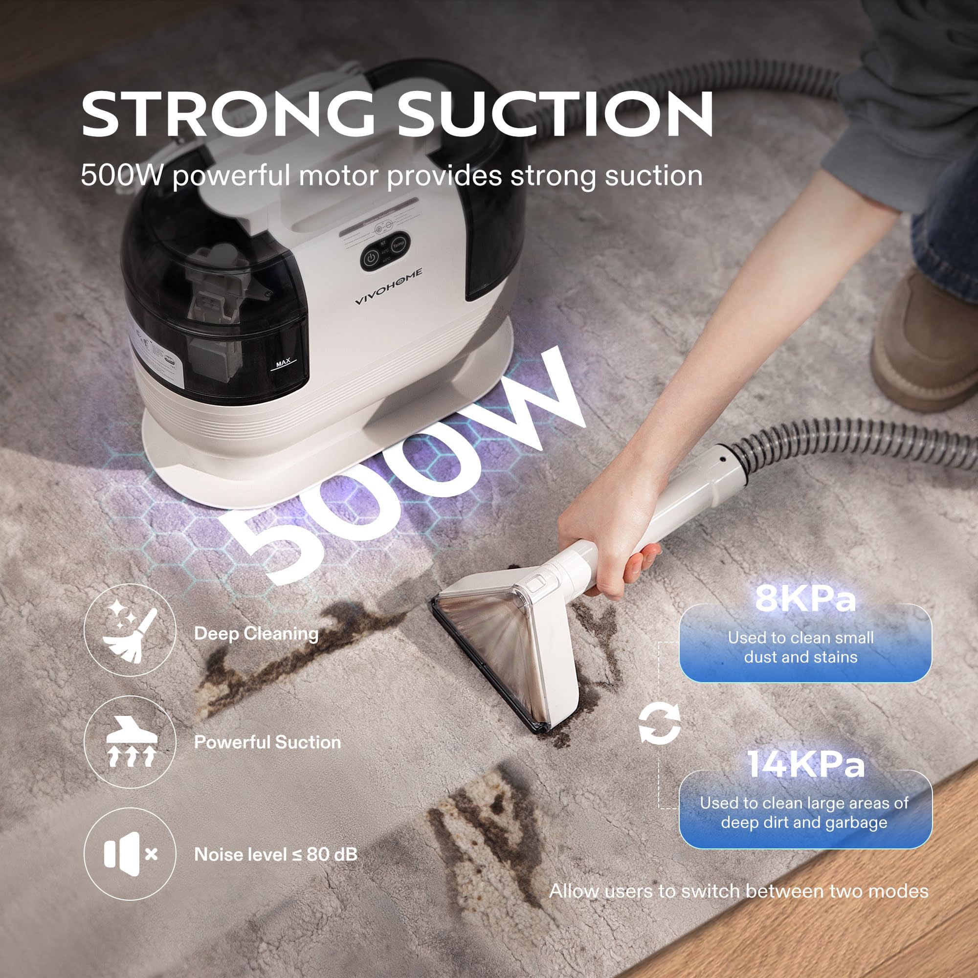 VIVOHOME Portable Carpet Cleaner Machine - 15s Fast Heating, 14Kpa Strong Suction, 4 Detachable Brush Heads for Pets, Upholstery, Couch & Car Seats - Self-Cleaning Spot Cleaner for Home, Office & Travel Use