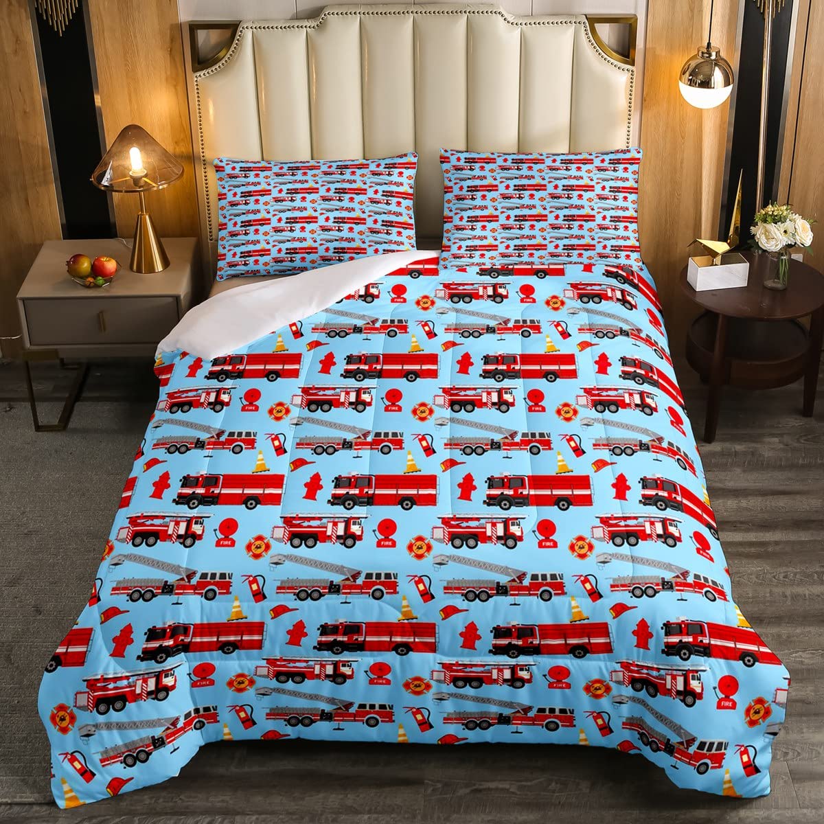 Erosebridal Red Fire Truck Bedding Set - Full Size Boys Comforter Set with Fire Rescue Car Quilted Duvet Cover for Kids, Youth & Men | Fire Engine Themed Room Decor for Children's Bedroom, Dorm or Playroom