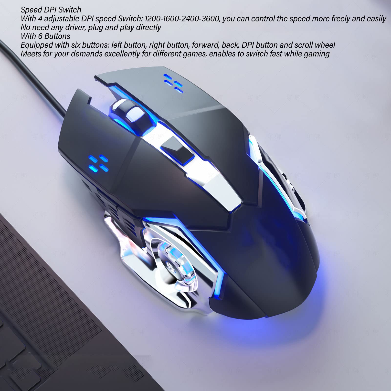 KIMISS RGB Wired Gaming Mouse - 6 Buttons, 4 Adjustable DPI (1200/1600/2400/3600), Ergonomic USB Optical Computer Mouse with White Audible Click - Perfect for PC Gaming, Office Work & Home Use (Black Version)