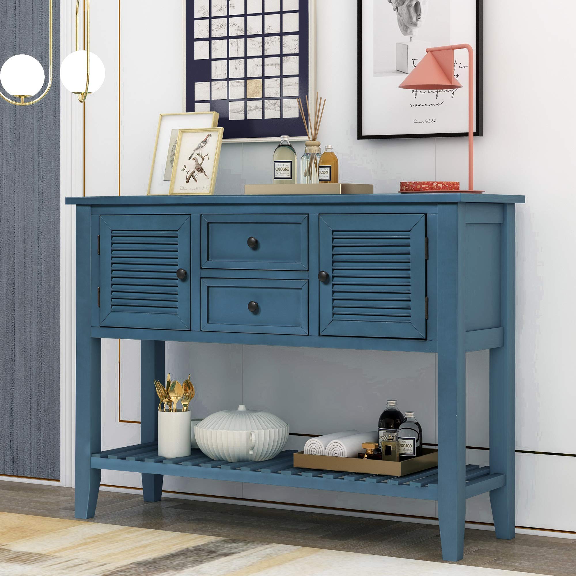 **Vintage Solid Wood Console Table with 2 Drawers & 2 Shutter Doors - Entryway Sofa Table, Buffet & Sideboard for Living Room, Dining Room - Navy Blue (Perfect for Farmhouse, Rustic & Mid-Century Decor)**
