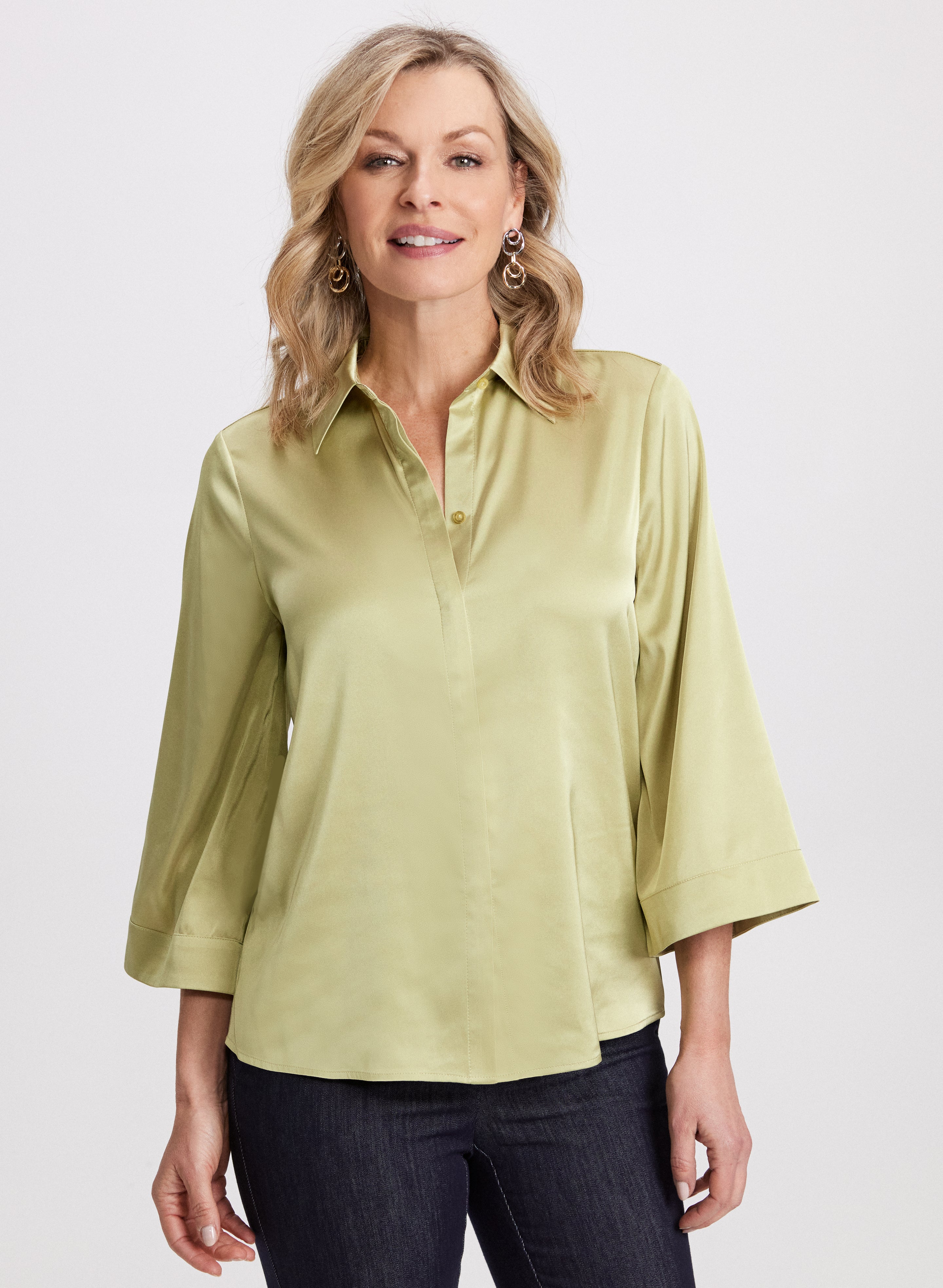 Flared Sleeve Satin Blouse for Women - Elegant Button Down Shirt with Ruffle Cuffs - Perfect for Office Wear, Date Night & Special Occasions