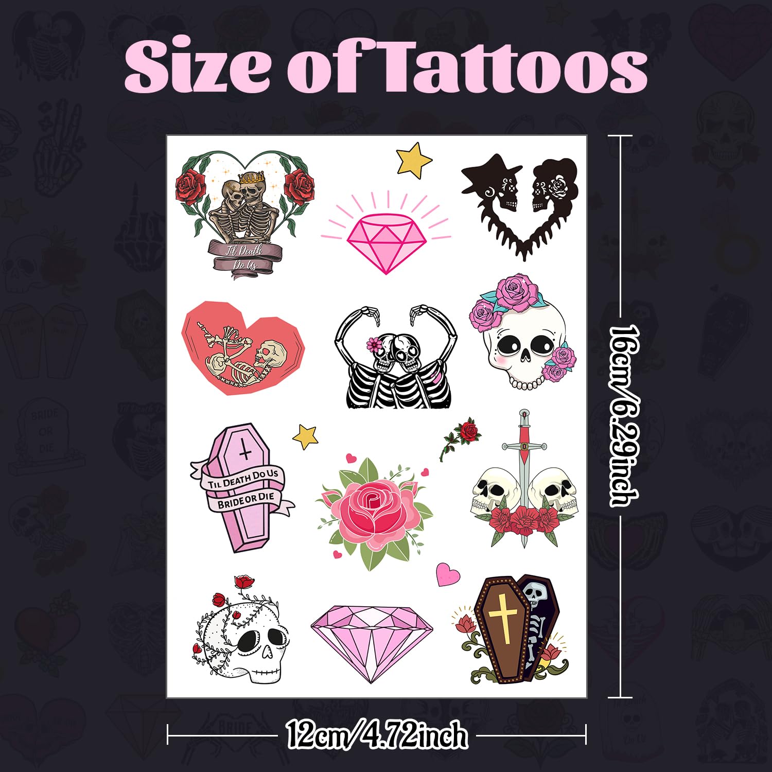 192 PCS Til Death Do Us Part Temporary Tattoos - Gothic Halloween Stickers for Bridal Showers, Bachelorette Parties, Valentine's Gifts & Decorations - Perfect for Themed Events, Costume Accessories & Fun Prizes (16 Sheets)