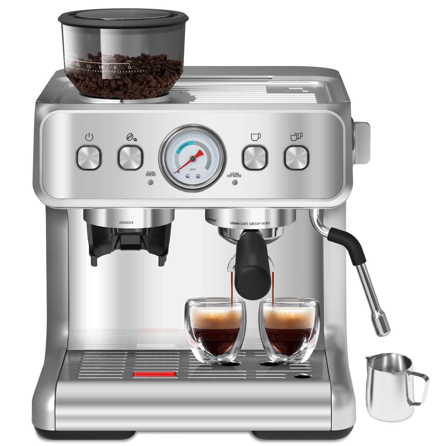 Havato 15 Bar Semi-Automatic Espresso Machine with Built-in Grinder & Milk Frother - Stainless Steel Coffee Maker with 2.8L Removable Water Tank - Perfect for Home Baristas to Make Latte, Cappuccino & Espresso Drinks