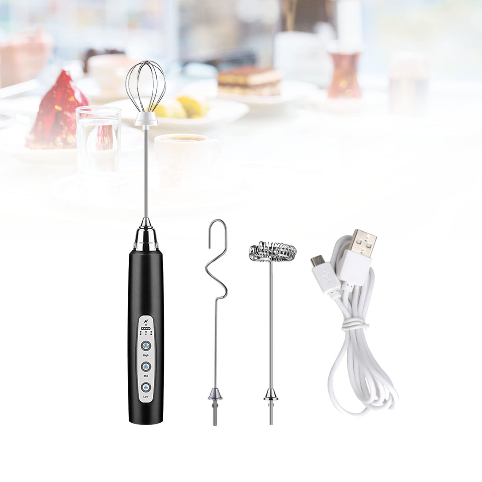 USB Rechargeable Handheld Milk Frother with 3 Stainless Steel Whisk Attachments - 3-Speed Adjustable Electric Foam Maker for Coffee, Matcha, Latte, Cappuccino & Hot Chocolate - Perfect for Home, Office & Cafe Use