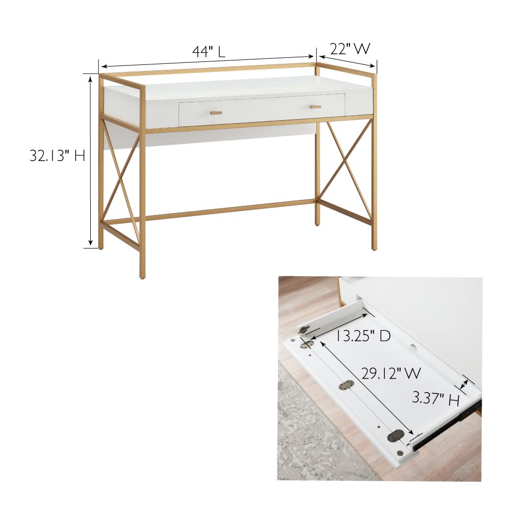Leick Home 9240-WTGL Claudette Modern Mixed Metal & Wood Computer Desk with Drop-Front Keyboard Tray - White & Satin Gold Finish | Perfect for Home Office, Study Room & Small Spaces