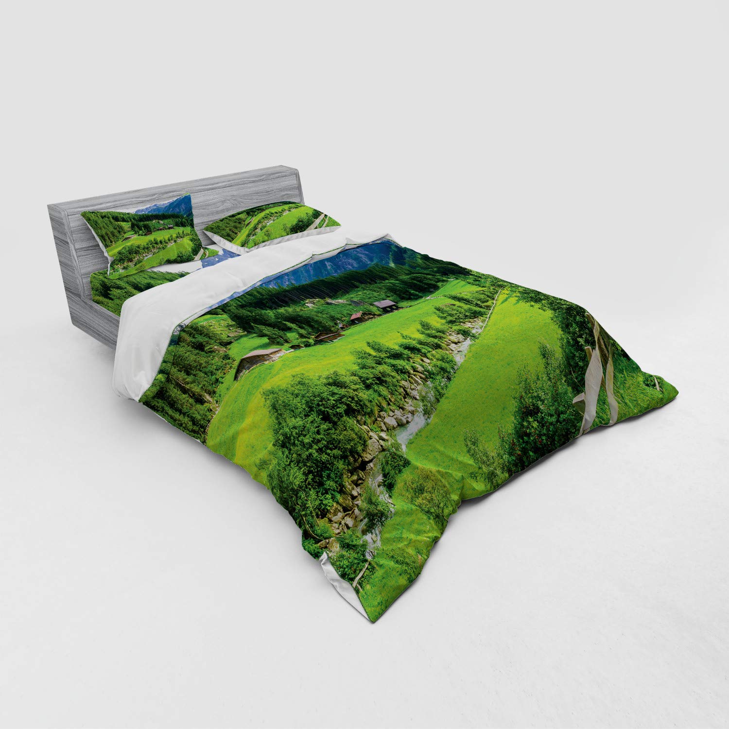 Ambesonne Mountain Bedding Set 4-Piece Queen - Alpine Landscape Duvet Cover with Meadow Cottages, Pine Trees & Stream - Green & White Printed Bed Sheets with Pillow Shams - Perfect for Cabin Retreats & Nature-Themed Bedrooms